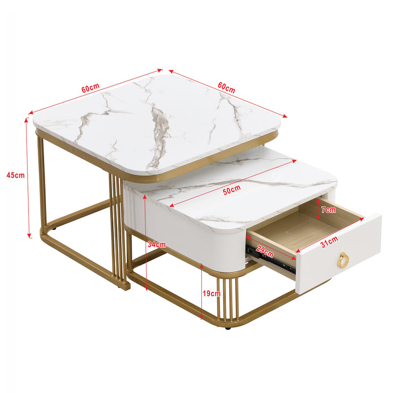 Ensemble de 2 tables basses gigognes carrées effet marbre blanc avec tiroir pieds dorés SHUGOK WHITE