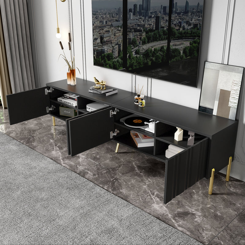 Meuble TV noir porte rainuré accents dorés SHULMALL