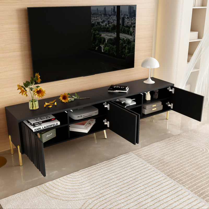 Meuble TV noir porte rainuré accents dorés SHULMALL
