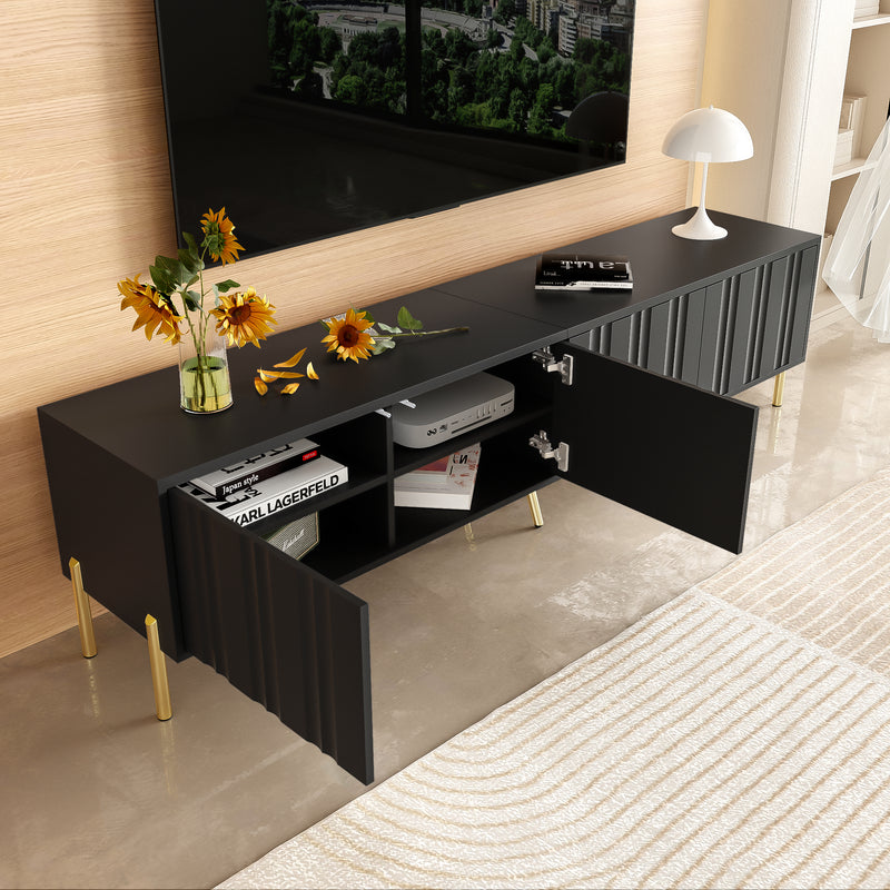 Meuble TV noir porte rainuré accents dorés SHULMALL