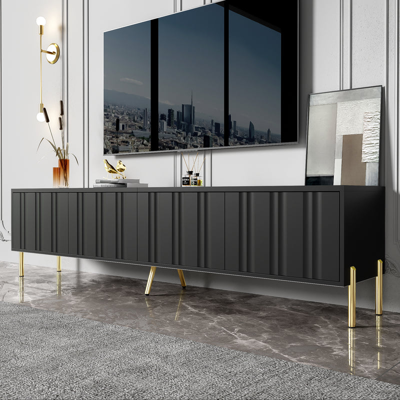 Meuble TV noir porte rainuré accents dorés SHULMALL