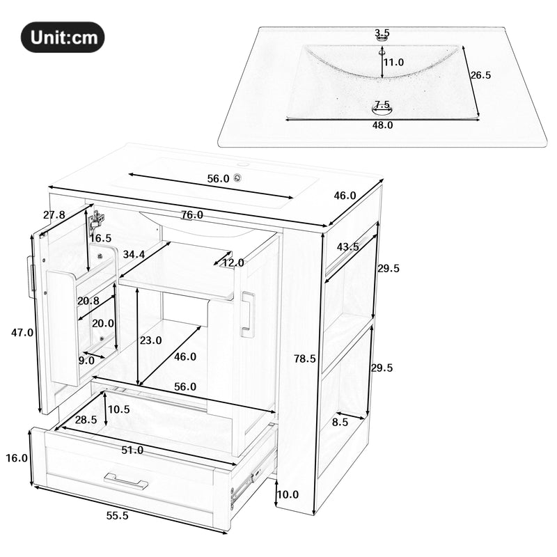 Meuble vasque laqué bleu sur pied,avec vasque en céramique intégrée, double portes, tiroir et étagères 2 cotés (robinet non inclus) SIGNAL