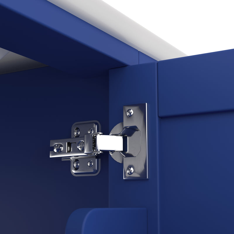 Meuble vasque laqué bleu sur pied,avec vasque en céramique intégrée, double portes, tiroir et étagères 2 cotés (robinet non inclus) SIGNAL