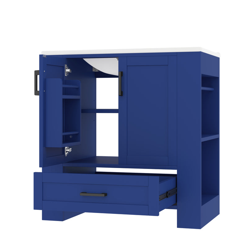 Meuble vasque laqué bleu sur pied,avec vasque en céramique intégrée, double portes, tiroir et étagères 2 cotés (robinet non inclus) SIGNAL