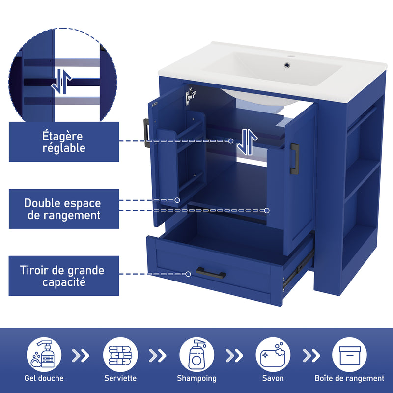 Meuble vasque laqué bleu sur pied,avec vasque en céramique intégrée, double portes, tiroir et étagères 2 cotés (robinet non inclus) SIGNAL