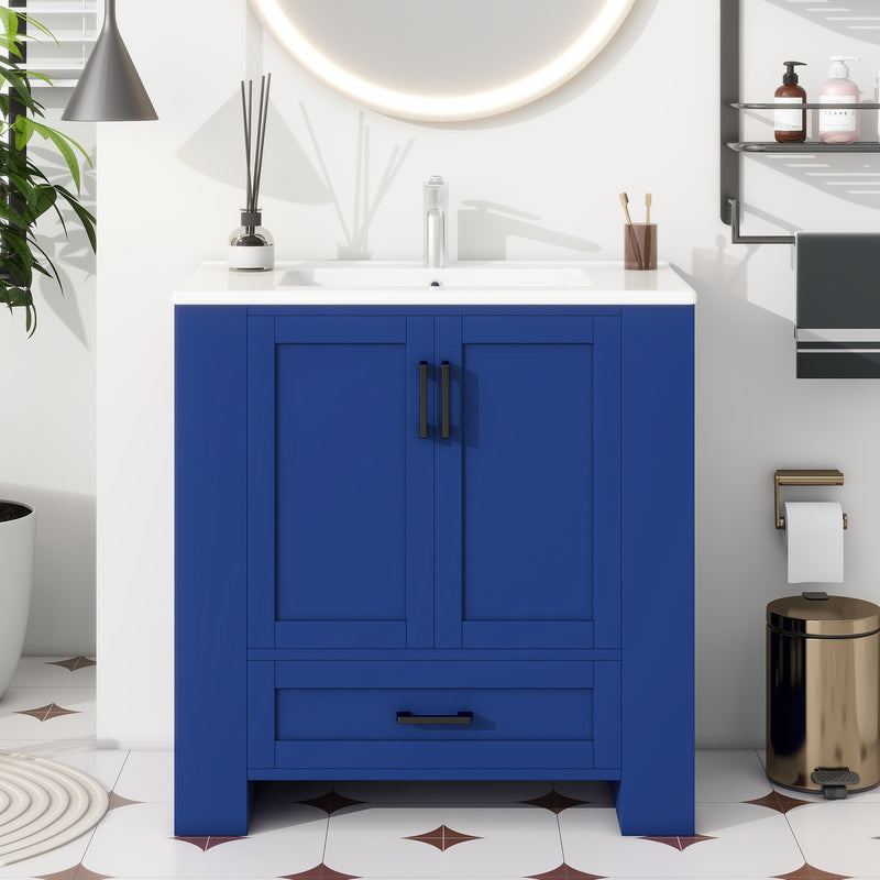 Meuble vasque laqué bleu sur pied,avec vasque en céramique intégrée, double portes, tiroir et étagères 2 cotés (robinet non inclus) SIGNAL