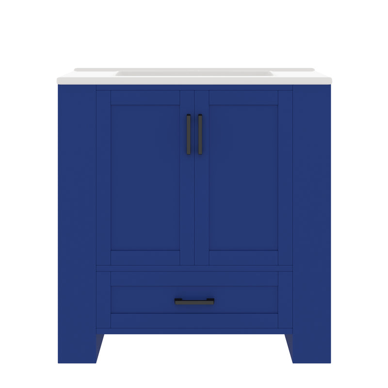 Meuble vasque laqué bleu sur pied,avec vasque en céramique intégrée, double portes, tiroir et étagères 2 cotés (robinet non inclus) SIGNAL