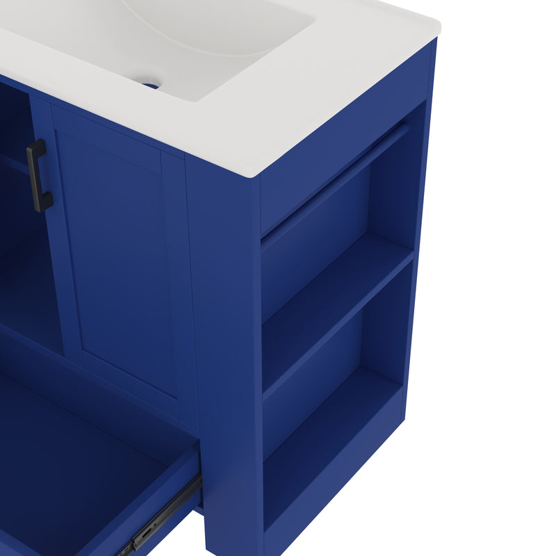 Meuble vasque laqué bleu sur pied,avec vasque en céramique intégrée, double portes, tiroir et étagères 2 cotés (robinet non inclus) SIGNAL