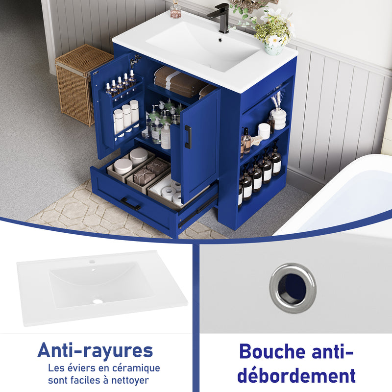 Meuble vasque laqué bleu sur pied,avec vasque en céramique intégrée, double portes, tiroir et étagères 2 cotés (robinet non inclus) SIGNAL