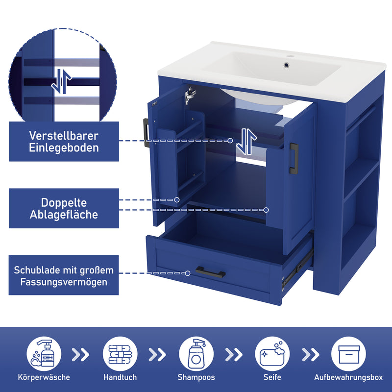Meuble vasque laqué bleu sur pied,avec vasque en céramique intégrée, double portes, tiroir et étagères 2 cotés (robinet non inclus) SIGNAL