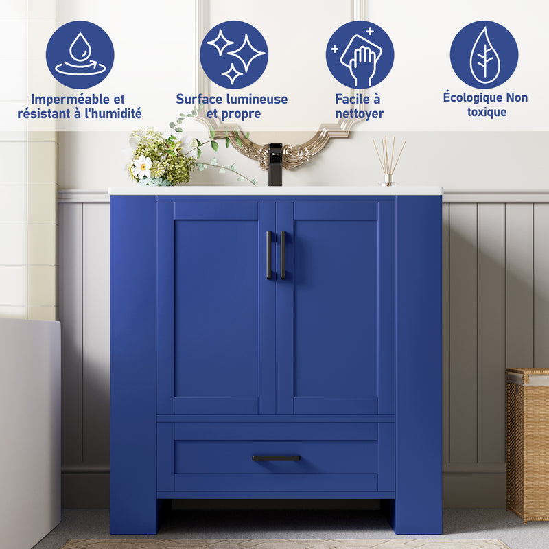 Meuble vasque laqué bleu sur pied,avec vasque en céramique intégrée, double portes, tiroir et étagères 2 cotés (robinet non inclus) SIGNAL