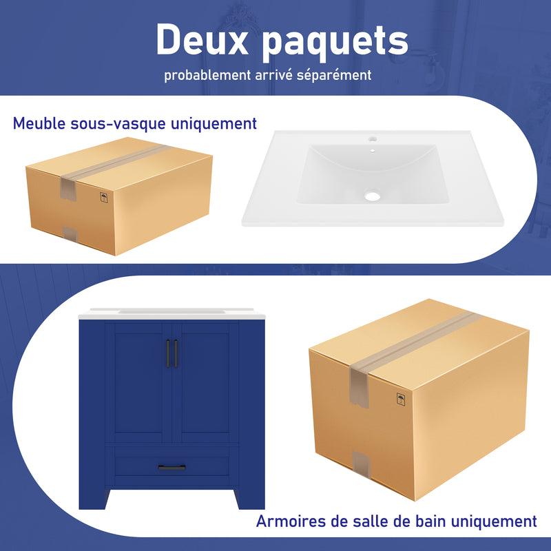 Meuble vasque laqué bleu sur pied,avec vasque en céramique intégrée, double portes, tiroir et étagères 2 cotés (robinet non inclus) SIGNAL