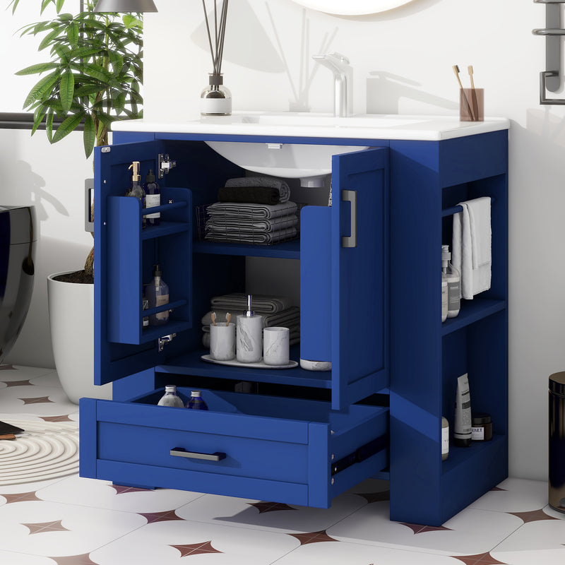 Meuble vasque laqué bleu sur pied,avec vasque en céramique intégrée, double portes, tiroir et étagères 2 cotés (robinet non inclus) SIGNAL