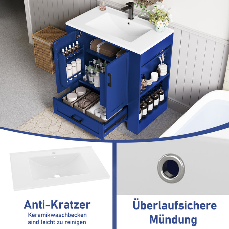 Meuble vasque laqué bleu sur pied,avec vasque en céramique intégrée, double portes, tiroir et étagères 2 cotés (robinet non inclus) SIGNAL