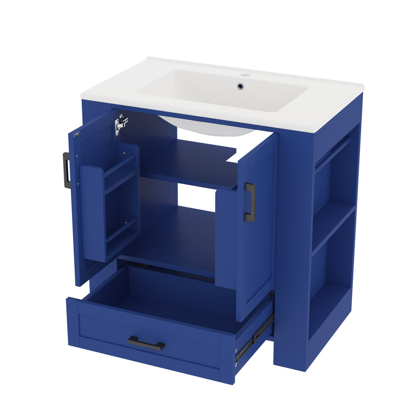 Meuble vasque laqué bleu sur pied,avec vasque en céramique intégrée, double portes, tiroir et étagères 2 cotés (robinet non inclus) SIGNAL