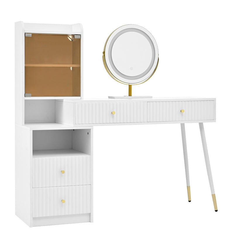 Coiffeuse blanc avec miroir éclairage LED, 4 tiroirs et vitrine personnalisable SIMULAT