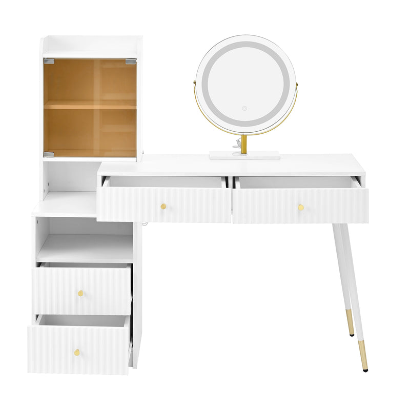 Coiffeuse blanc avec miroir éclairage LED, 4 tiroirs et vitrine personnalisable SIMULAT