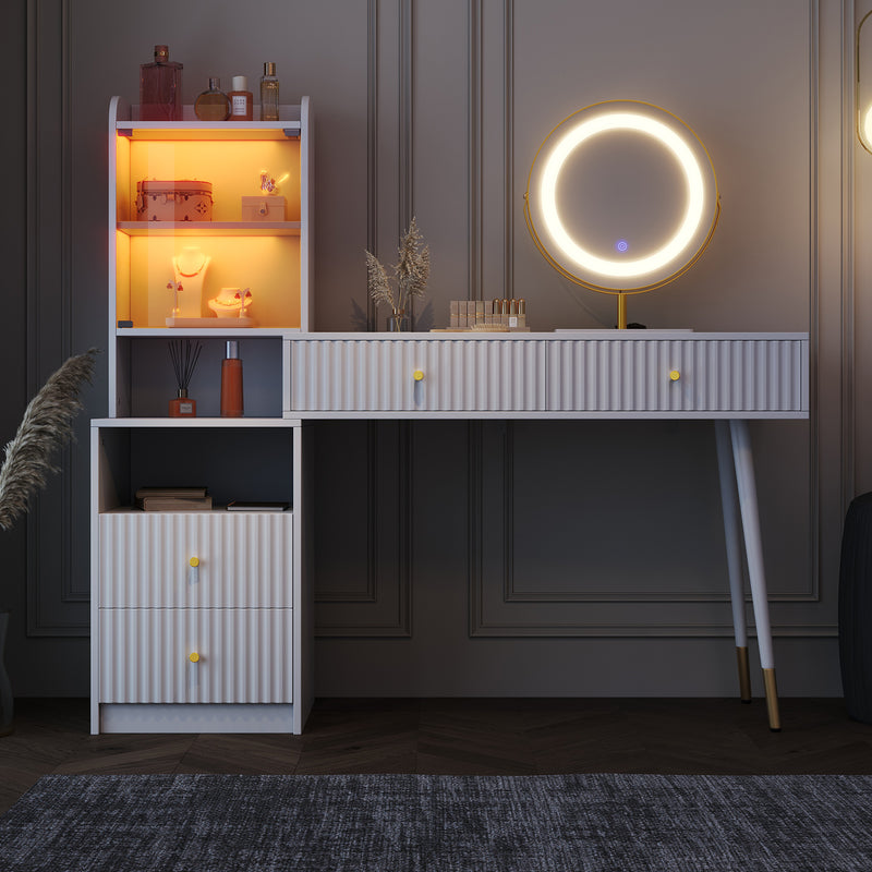 Coiffeuse blanc avec miroir éclairage LED, 4 tiroirs et vitrine personnalisable SIMULAT