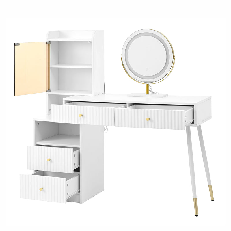 Coiffeuse blanc avec miroir éclairage LED, 4 tiroirs et vitrine personnalisable SIMULAT