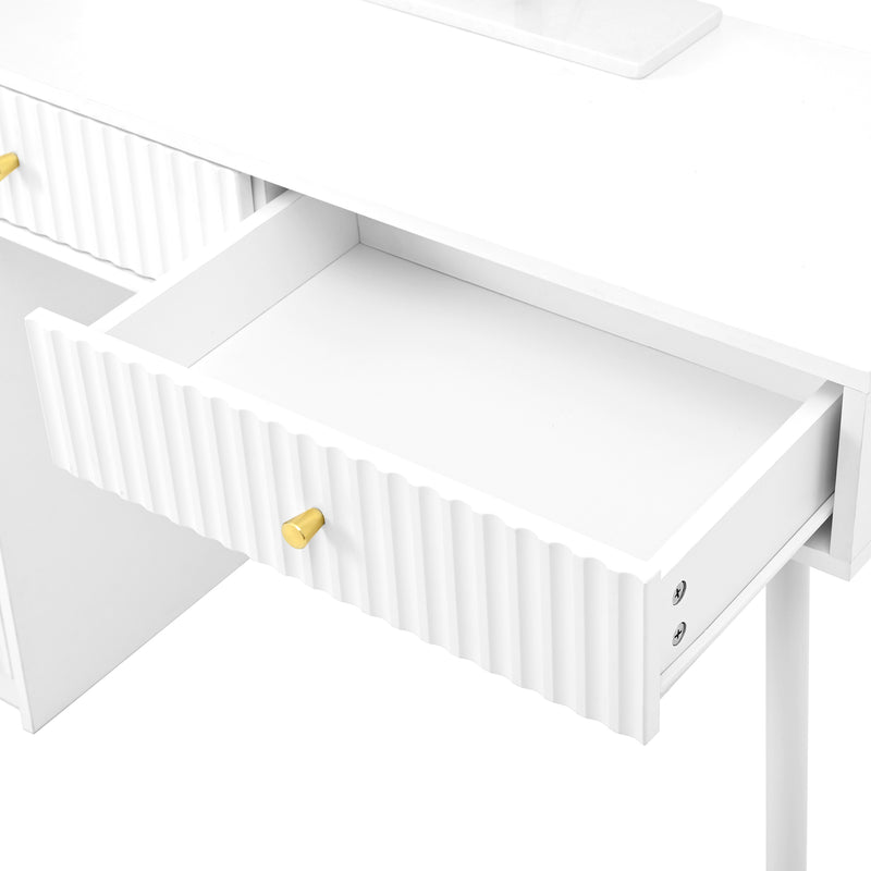 Coiffeuse blanc avec miroir éclairage LED, 4 tiroirs et vitrine personnalisable SIMULAT