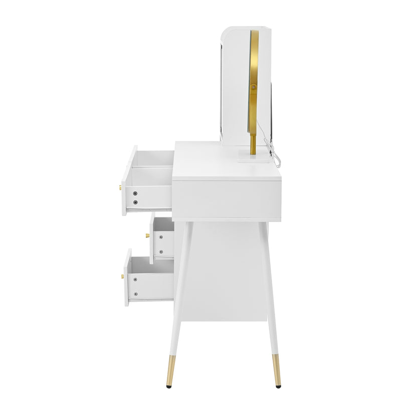 Coiffeuse blanc avec miroir éclairage LED, 4 tiroirs et vitrine personnalisable SIMULAT