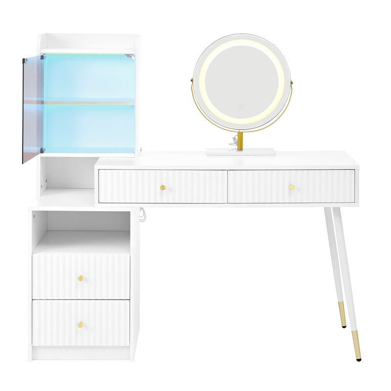 Coiffeuse blanc avec miroir éclairage LED, 4 tiroirs et vitrine personnalisable SIMULAT