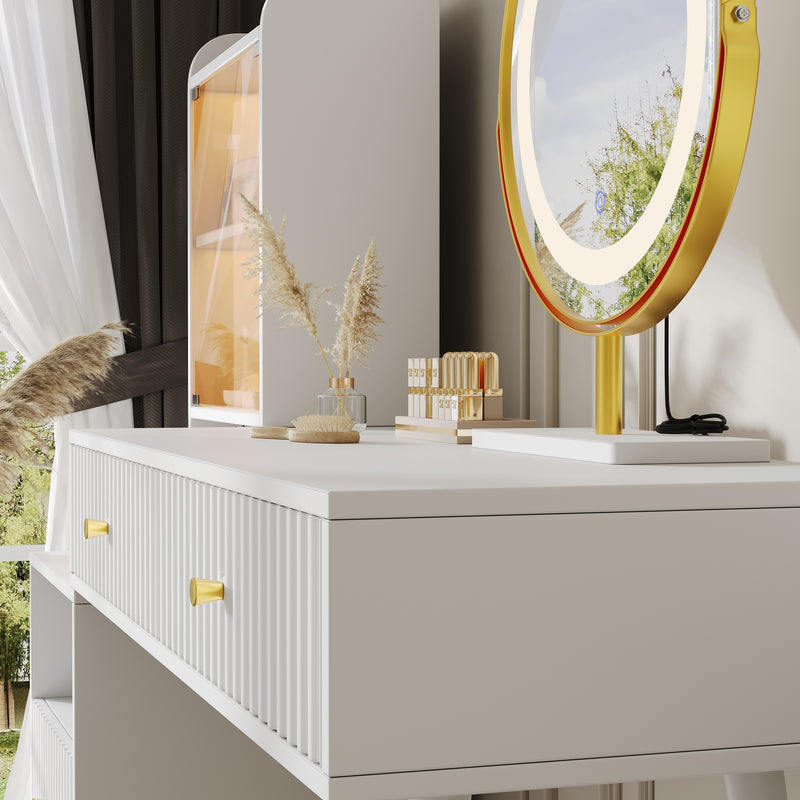 Coiffeuse blanc avec miroir éclairage LED, 4 tiroirs et vitrine personnalisable SIMULAT