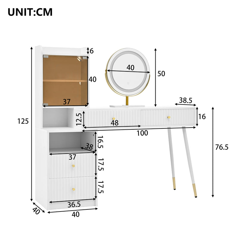 Coiffeuse blanc avec miroir éclairage LED, 4 tiroirs et vitrine personnalisable SIMULAT