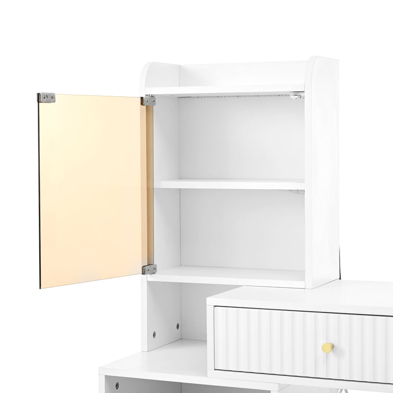 Coiffeuse blanc avec miroir éclairage LED, 4 tiroirs et vitrine personnalisable SIMULAT