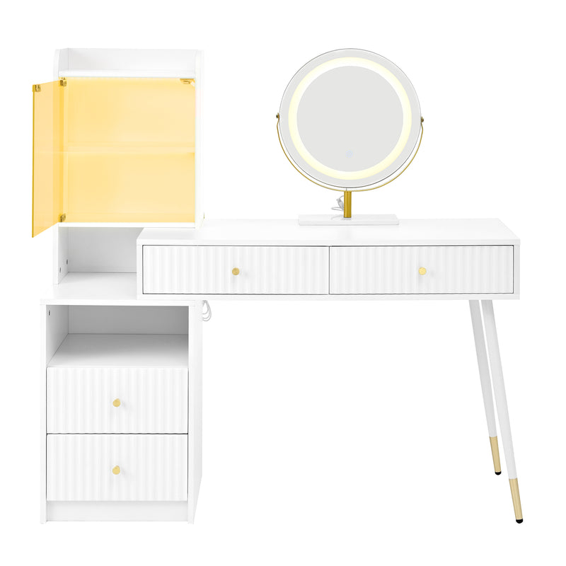 Coiffeuse blanc avec miroir éclairage LED, 4 tiroirs et vitrine personnalisable SIMULAT