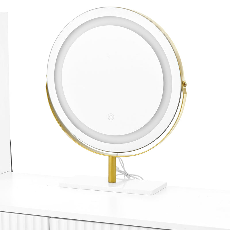 Coiffeuse blanc avec miroir éclairage LED, 4 tiroirs et vitrine personnalisable SIMULAT