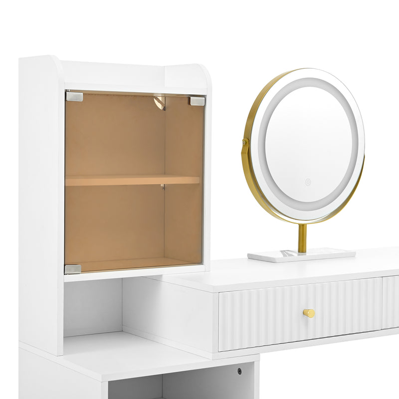 Coiffeuse blanc avec miroir éclairage LED, 4 tiroirs et vitrine personnalisable SIMULAT