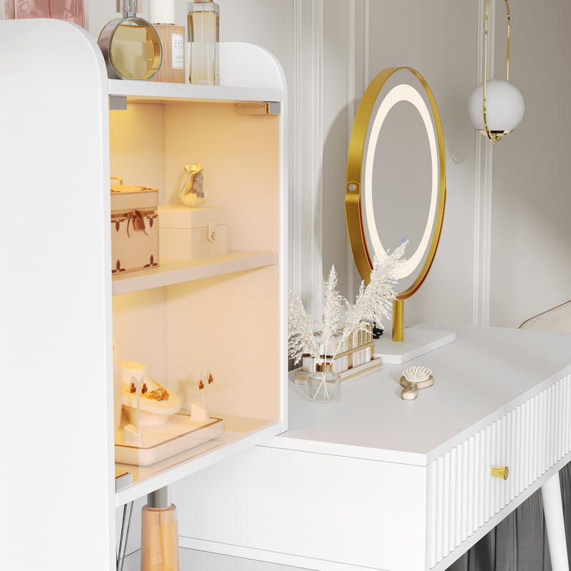 Coiffeuse blanc avec miroir éclairage LED, 4 tiroirs et vitrine personnalisable SIMULAT