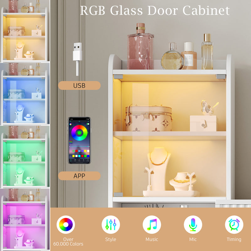 Coiffeuse blanc avec miroir éclairage LED, 4 tiroirs et vitrine personnalisable SIMULAT