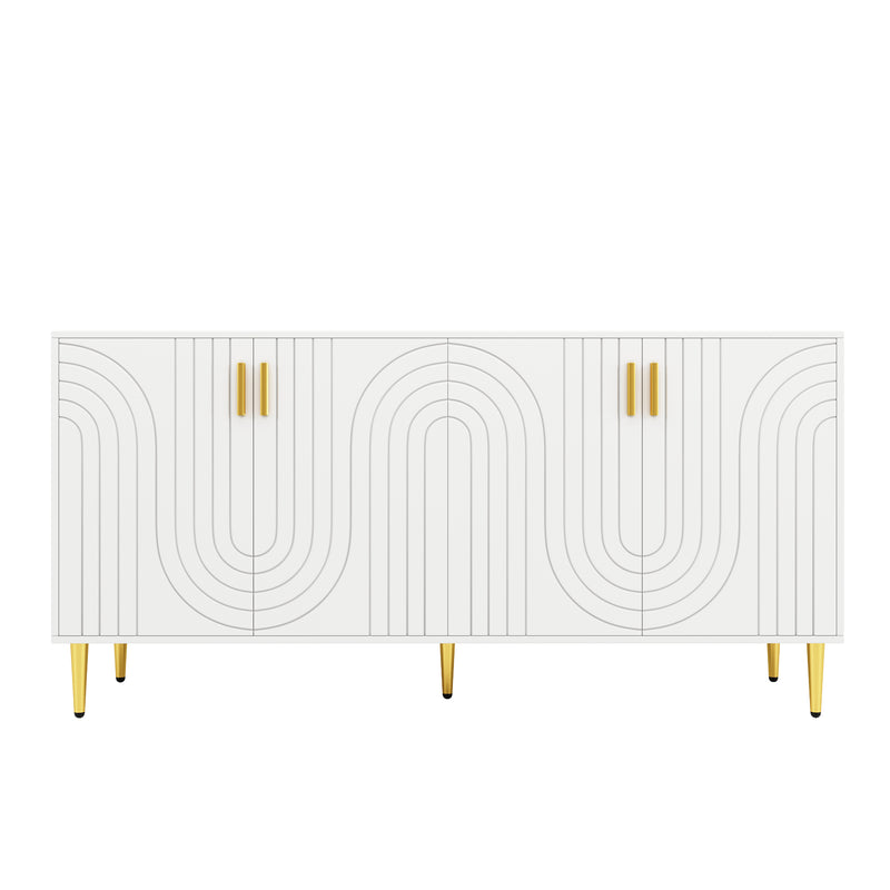 Buffet blanc portes à motif ondulé 4 portes, poignées et pieds dorées SOLARSILT