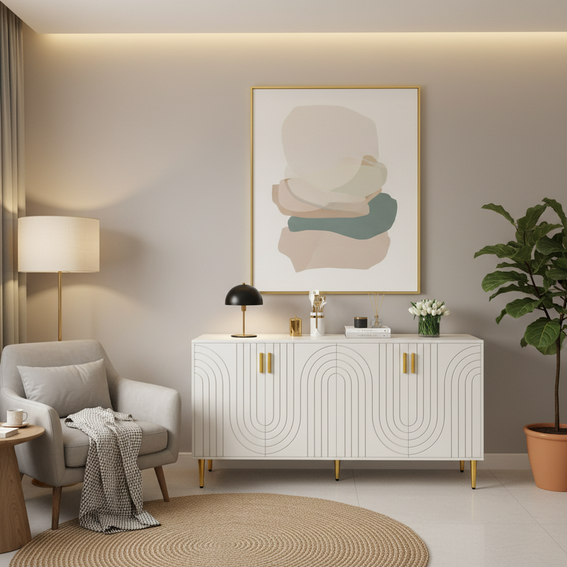 Buffet blanc portes à motif ondulé 4 portes, poignées et pieds dorées SOLARSILT