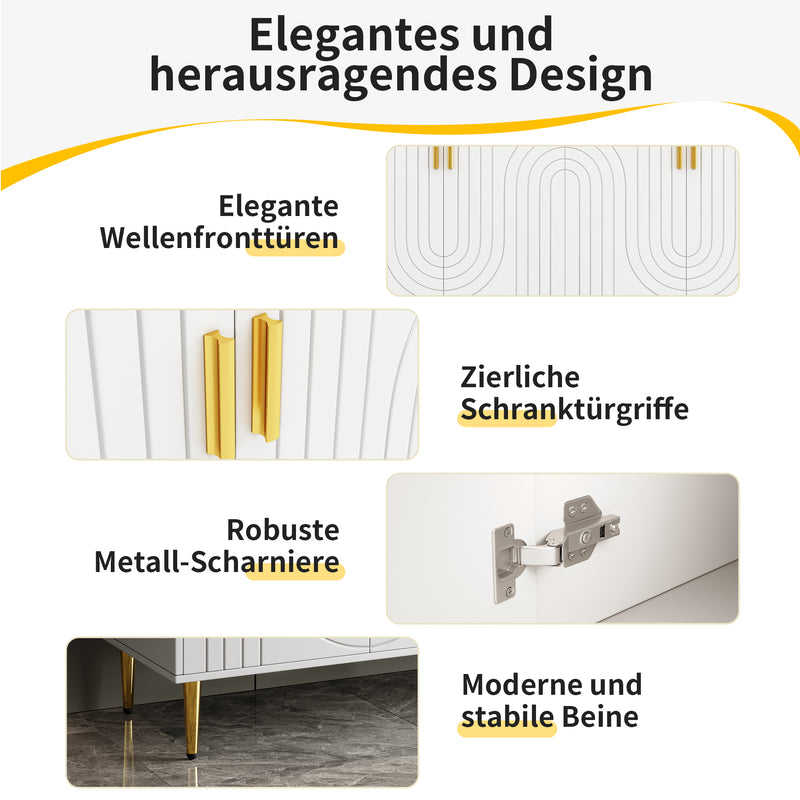 Buffet blanc portes à motif ondulé 4 portes, poignées et pieds dorées SOLARSILT