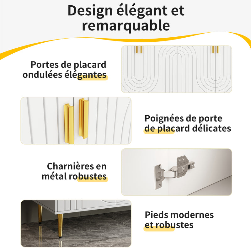 Buffet blanc portes à motif ondulé 4 portes, poignées et pieds dorées SOLARSILT