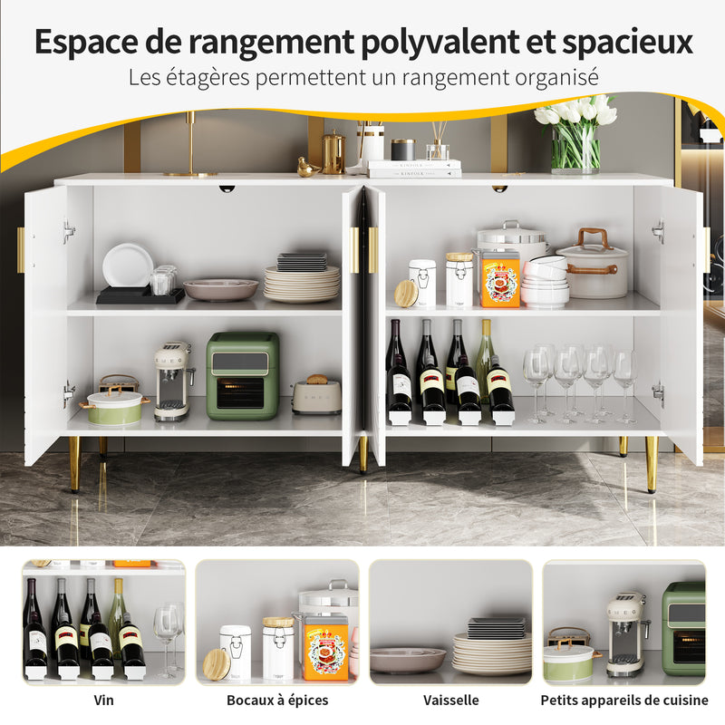 Buffet blanc portes à motif ondulé 4 portes, poignées et pieds dorées SOLARSILT