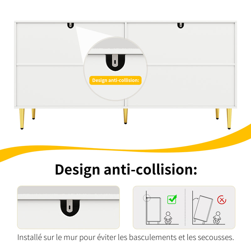 Buffet blanc portes à motif ondulé 4 portes, poignées et pieds dorées SOLARSILT