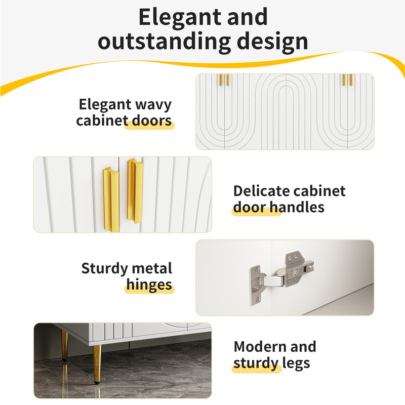Buffet blanc portes à motif ondulé 4 portes, poignées et pieds dorées SOLARSILT