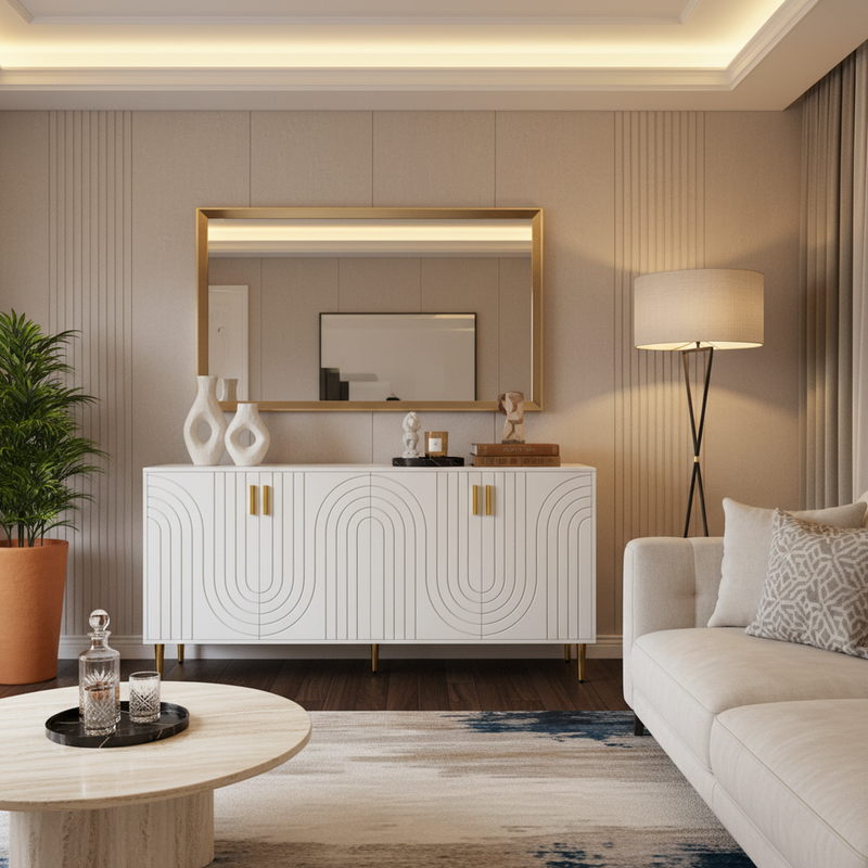 Buffet blanc portes à motif ondulé 4 portes, poignées et pieds dorées SOLARSILT