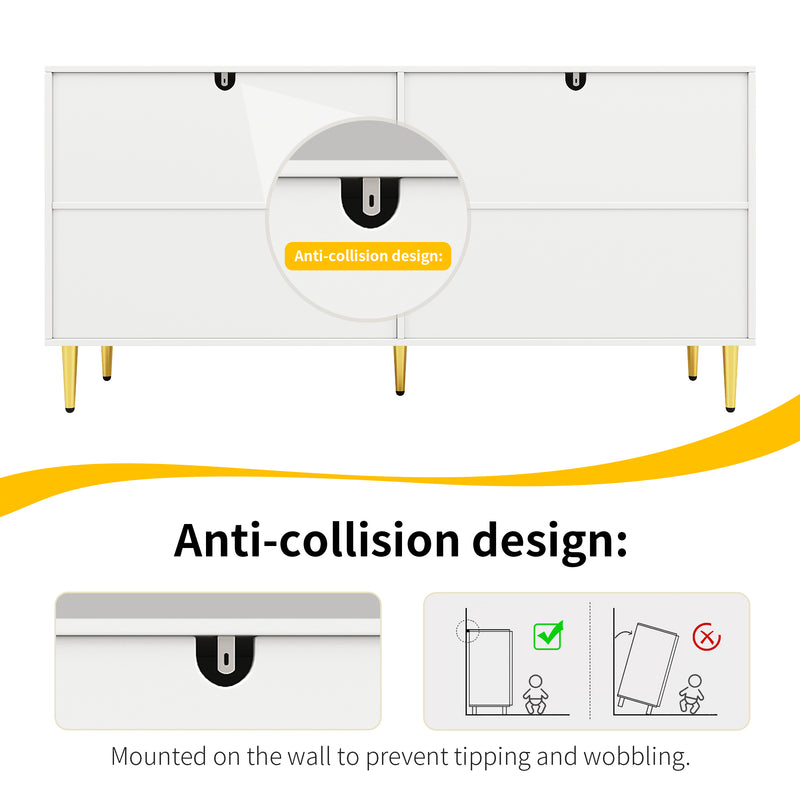Buffet blanc portes à motif ondulé 4 portes, poignées et pieds dorées SOLARSILT