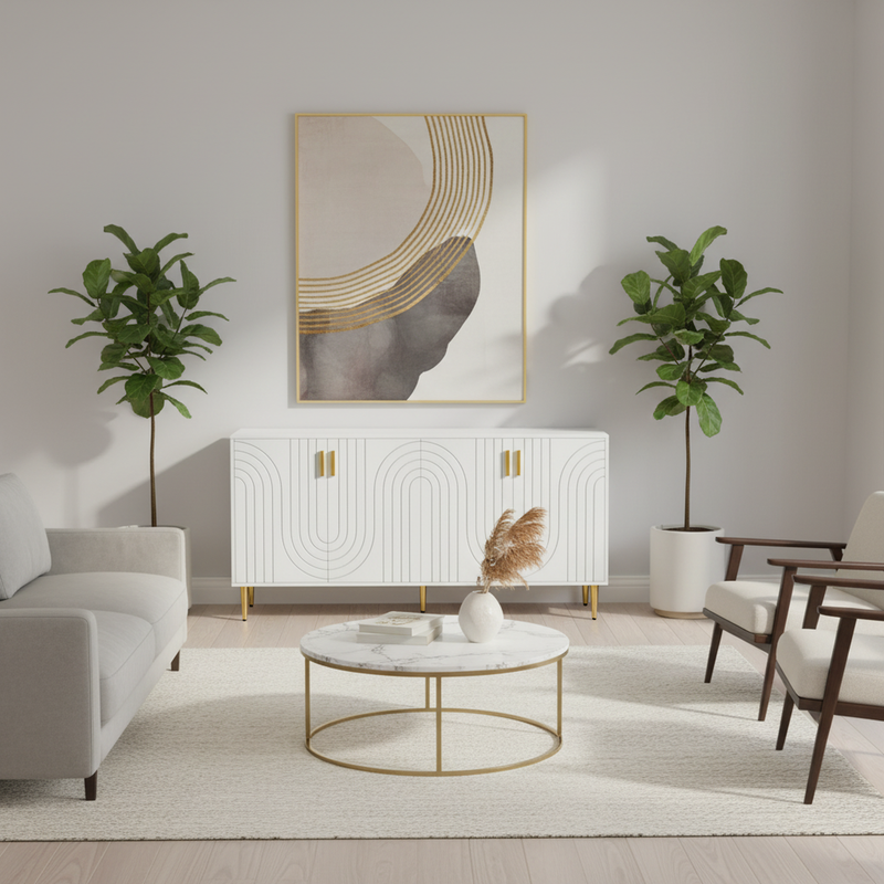 Buffet blanc portes à motif ondulé 4 portes, poignées et pieds dorées SOLARSILT