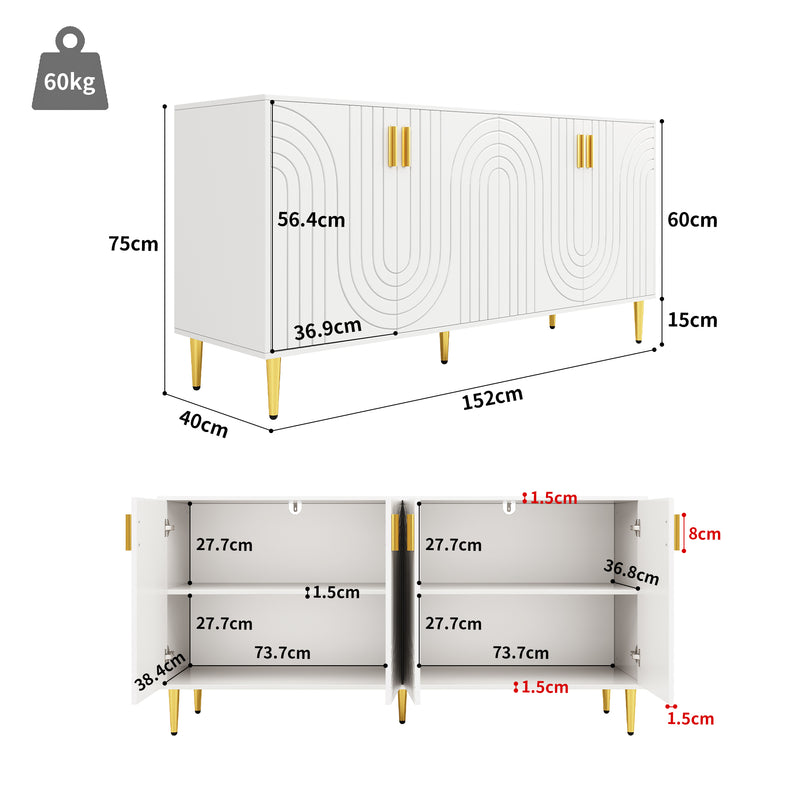 Buffet blanc portes à motif ondulé 4 portes, poignées et pieds dorées SOLARSILT