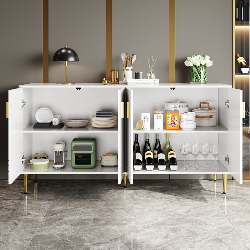 Buffet blanc portes à motif ondulé 4 portes, poignées et pieds dorées SOLARSILT