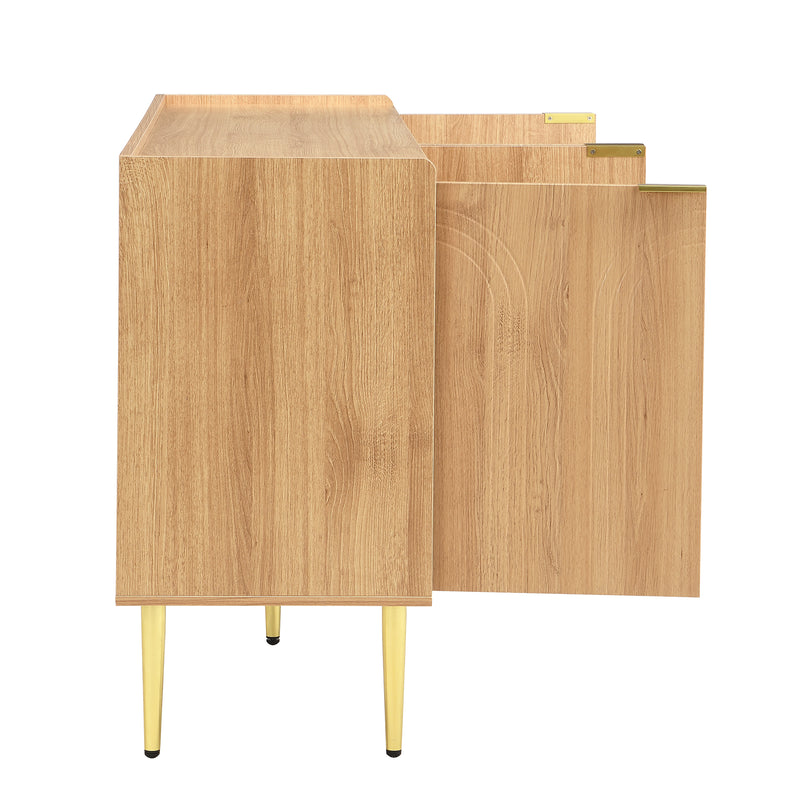 Buffet effet bois avec portes arquées sculptées, 4 portes et pieds en métal doré SORUSDOT