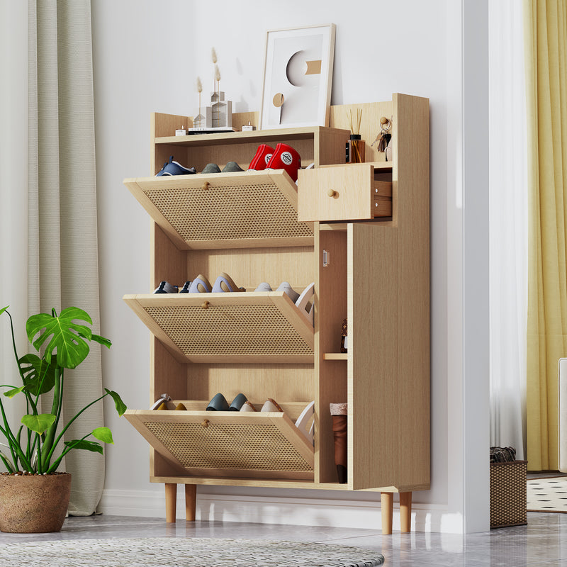 Meuble à chaussures naturel en effect bois clair et rotin avec 3 abattants STEAMERIME