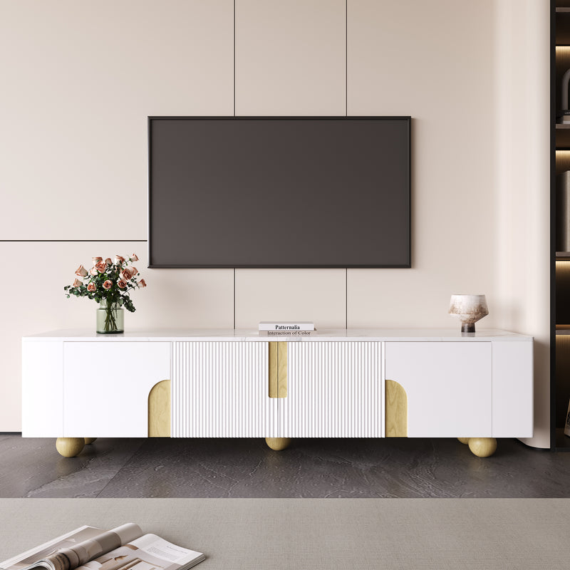Meuble TV blanc effet marbre blanc et bois avec portes rainurées, pieds sphériques 180*40cm STERGU