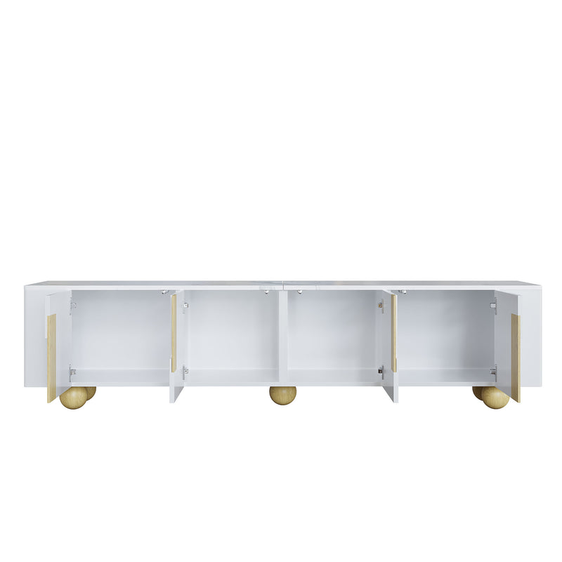 Meuble TV blanc effet marbre blanc et bois avec portes rainurées, pieds sphériques 180*40cm STERGU